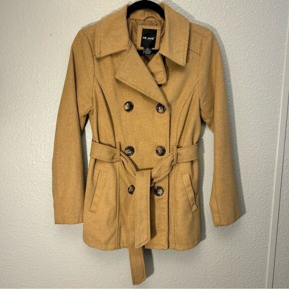 Me Jane Camel Pea Coat Wool Blend Size Medium With Belt - Picture 11 of 11